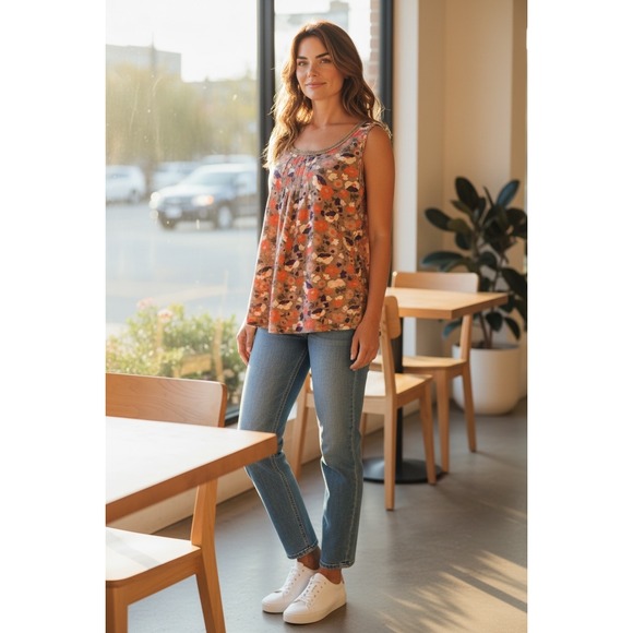 Boden Tops - "Sunset Medallion Bloom" Boden Floral Scoop Neck Pleated Tank Top Sleeveless